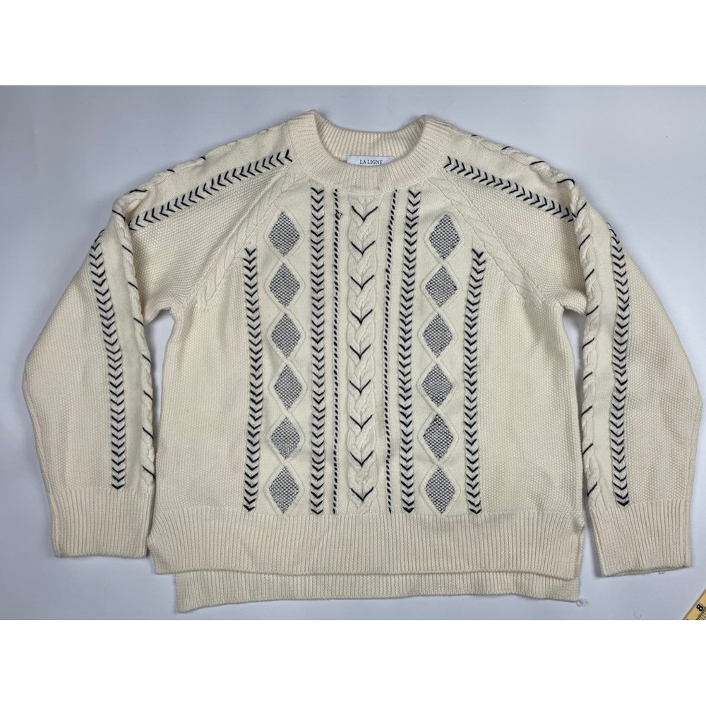 La Ligne 100% Merino Wool Cable Knit Sweater Cream Black XS Diamond Chevron